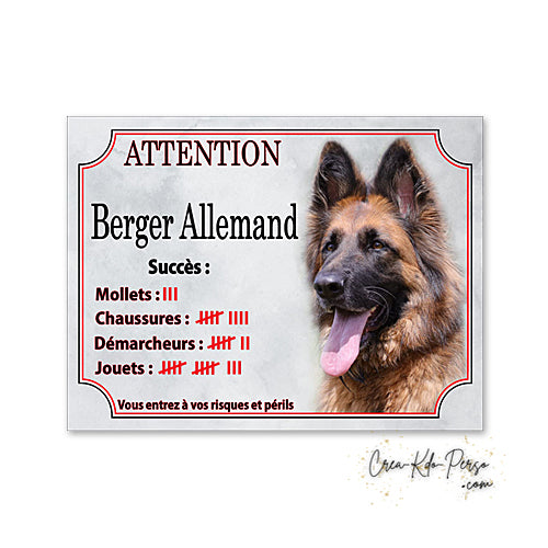 Plaque humour Attention Chien compte ses trophées à ce jour race Berger Allemand