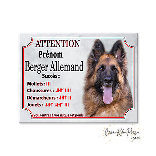 Plaque humour Attention Chien Berger Allemand compte ses trophées à ce jour