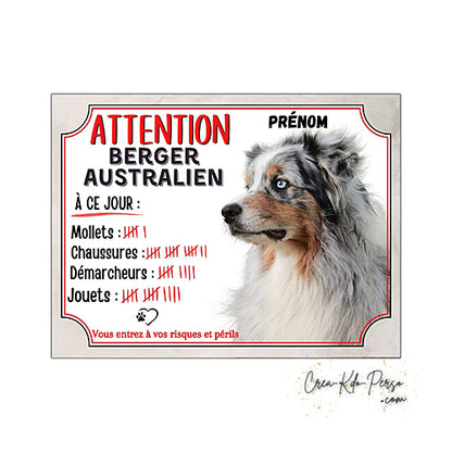 Plaque Berger Australien Panneau de portail Attention au chien