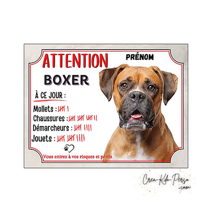Plaque humour Attention Chien Boxer marron compte ses trophées à ce jour