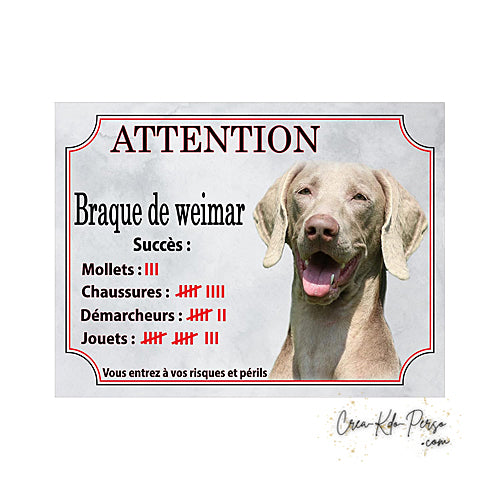 Plaque humour Attention Chien Braque de Weimar compte ses trophées à ce jour