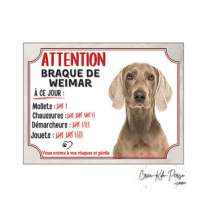 Plaque humour Attention Chien race Braque de Weimar compte ses trophées à ce jour