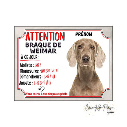Plaque humour Attention Chien race Braque de Weimar compte ses trophées à ce jour