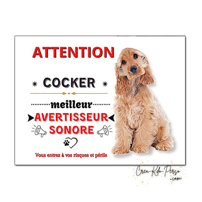 Plaque humour Attention Chien Cocker meilleur avertisseur sonore