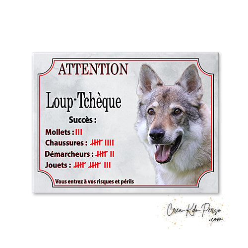 Plaque de portail loup  tcheque Attention au chien panneau je monte la garde