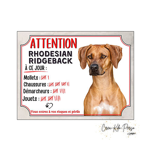 Plaque Rhodesian Ridgeback panneau de portail Attention au chien