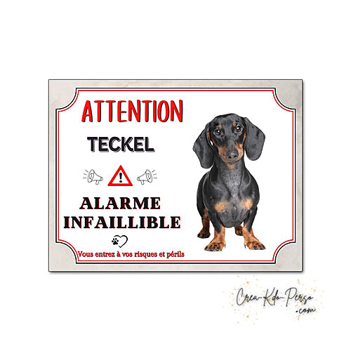 Plaque humour Attention Chien Teckel noir et feu alarme infaillible panneau humoristique