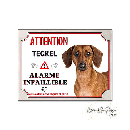 Plaque humour Attention Chien Teckel fauve à poil court alarme infaillible panneau humoristique
