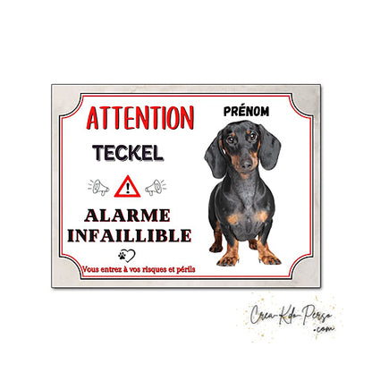 Plaque humour Attention Chien Teckel noir et feu alarme infaillible panneau humoristique