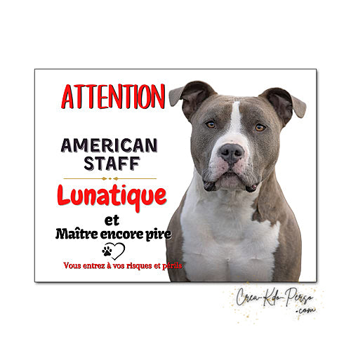 Plaque humour Attention Chien American Staff  bleu et blanc lunatique le maitre est pire