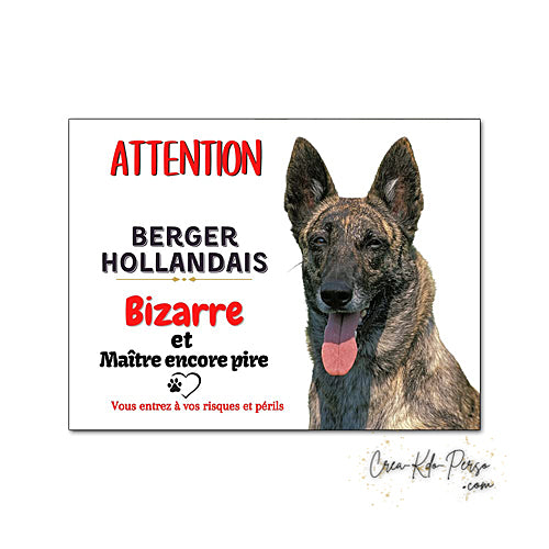 Plaque humour Attention Chien race Berger Hollandais bizarre et maitre encore pire