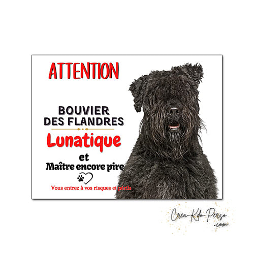Plaque humour Attention au Chien Bouvier des Flandres lunatique