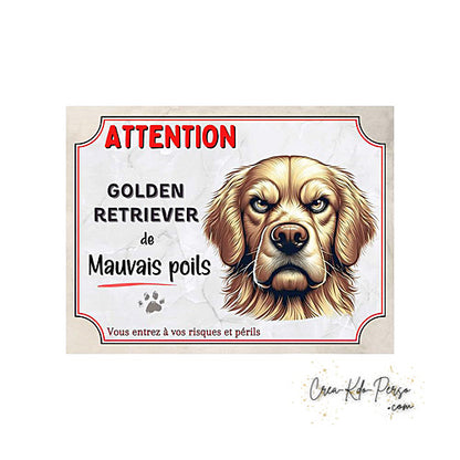 Plaque Golden Retriever panneau de portail Attention au chien