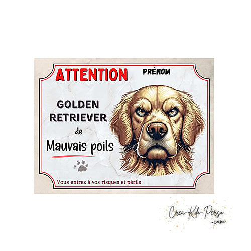 Plaque Golden Retriever panneau de portail Attention au chien