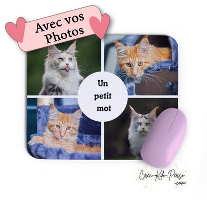 Tapis de souris rectangle souple et personnalisé avec plusieurs photos et texte