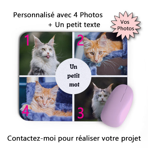 Tapis de souris rectangle souple et personnalisé avec plusieurs photos et texte