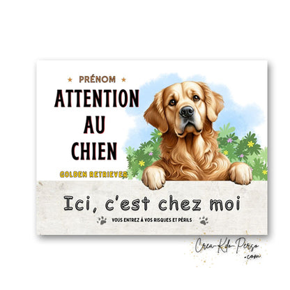 Plaque Golden Retriever panneau de portail Attention au chien