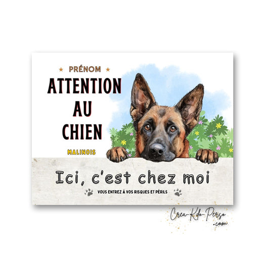 Plaque de portail Malinois Attention au chien panneau