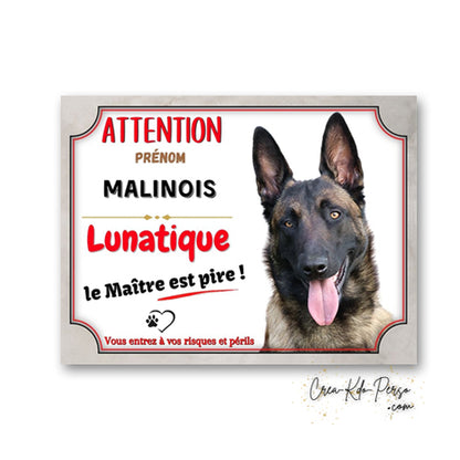 Plaque humoristique Attention Malinois Lunatique le Maître est pire avec portrait de Berger Belge souriant.