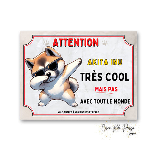 Plaque Akita Inu trop cool mais pas avec tout le monde panneau humour Attention au Chien