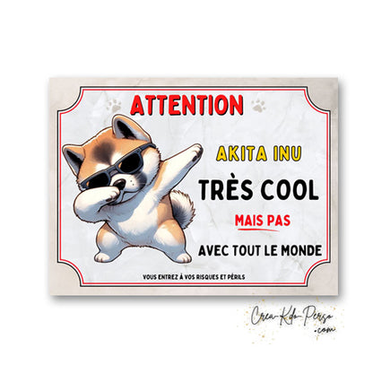 Plaque Akita Inu trop cool mais pas avec tout le monde panneau humour Attention au Chien