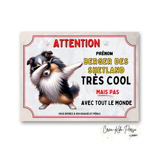 Plaque Berger des shetland très cool mais pas avec tout le monde panneau humour Attention au Chien