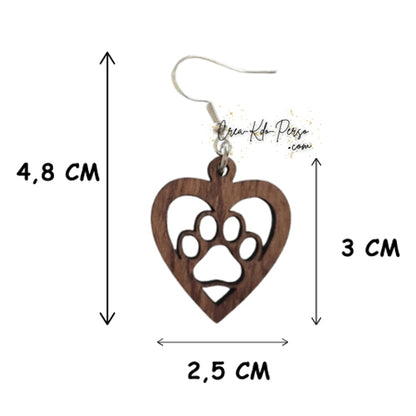 Boucles d'oreilles Cœur Patte de Chien & Chat en Contreplaqué de Bois – Bijoux Animaux artisanaux