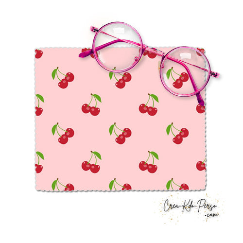 Essuie-lunette Chiffonnette motif grappes de Cerises sur fond rose