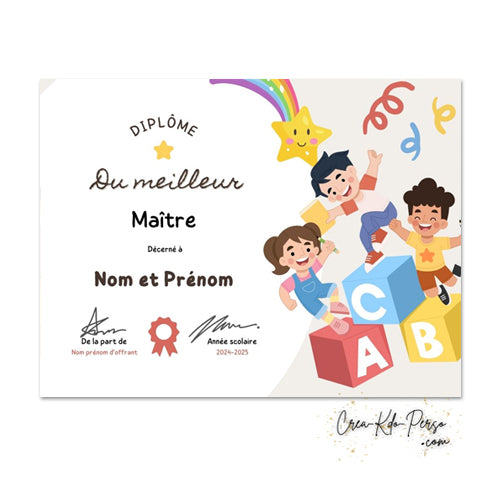 Diplôme à personnaliser cadeau maitresse maitre