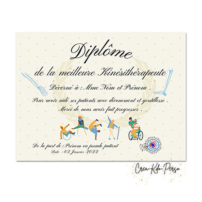 Diplôme à personnaliser cadeau kiné kinésithérapeute