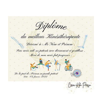 Diplôme à personnaliser cadeau kiné kinésithérapeute