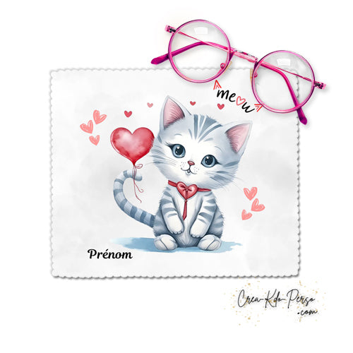 Chiffon à lunettes motif chat assis chaton ballon cœur rouge personnalisé