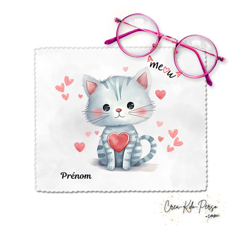 Chiffon à lunettes motif chat tigré assis chaton avec cœur rouge