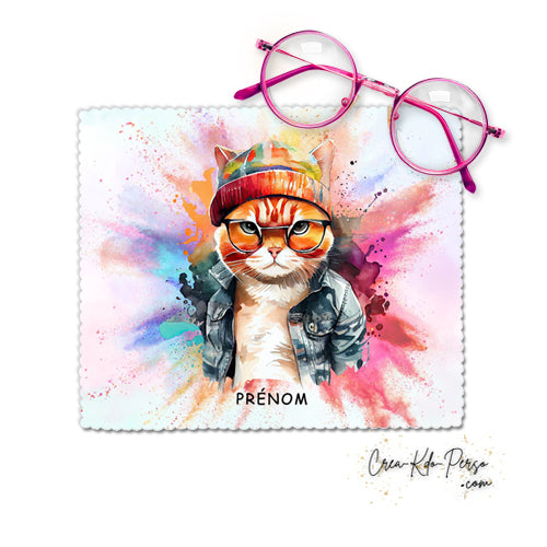 Chiffon à lunettes chat chaton avec lunettes et taches aquarelle colorées