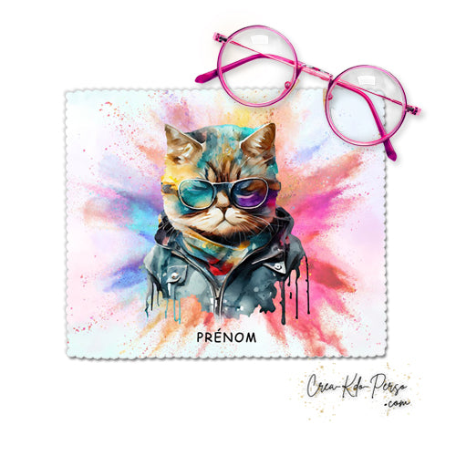 Chiffon à lunettes portrait chat superstar avec lunettes et taches aquarelles colorées