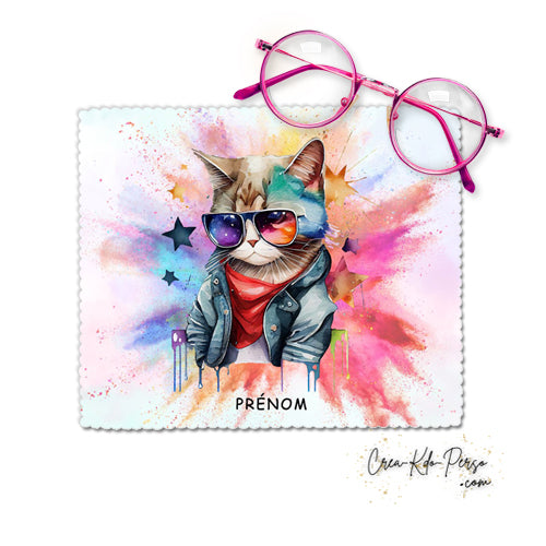 Chiffon à lunettes portrait chat superstar avec lunettes et taches aquarelles colorées
