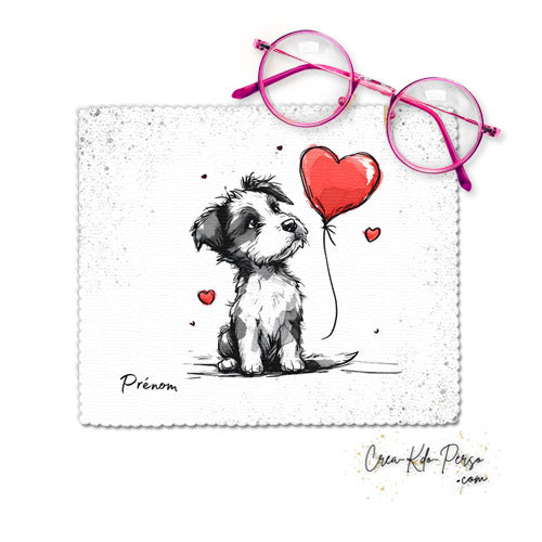 Chiffon essui lunettes motif chien chiot dessin avec cœur rouge