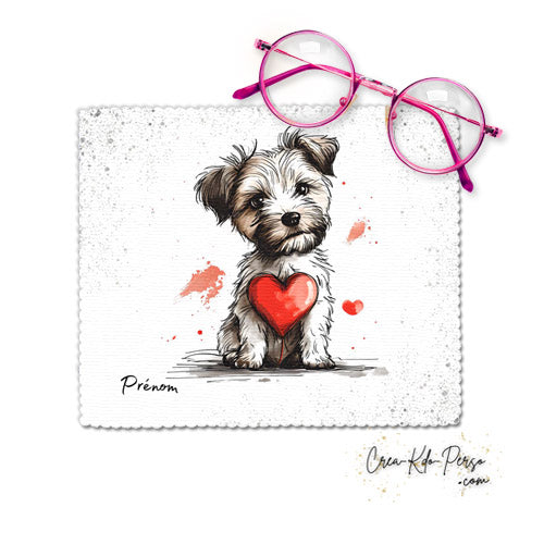 Chiffon essui lunettes motif chien chiot dessin avec cœur rouge