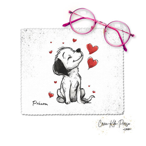 Chiffon essui lunettes motif chien chiot dessin avec cœur rouge