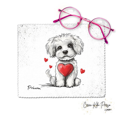 Chiffon essui lunettes motif chien chiot dessin avec cœur rouge