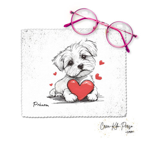 Chiffon essui lunettes motif chien chiot dessin avec cœur rouge