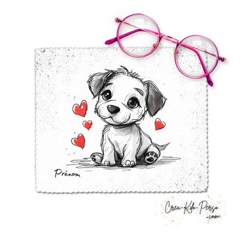 Chiffon essui lunettes motif chien chiot dessin avec cœur rouge
