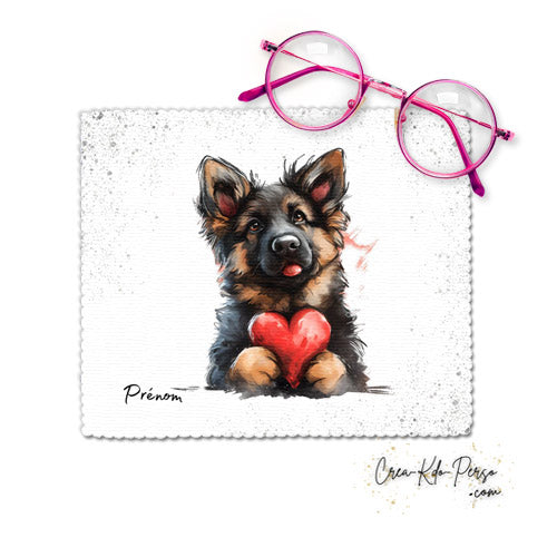 Chiffon essui lunettes motif chien chiot dessin avec cœur rouge