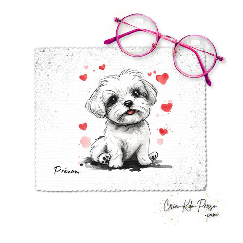 Chiffon essui lunettes motif chien chiot dessin avec cœur rouge