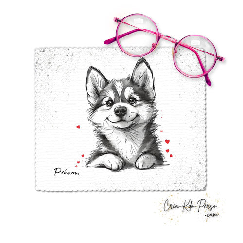 Chiffon essui lunettes motif chien chiot dessin avec cœur rouge