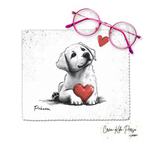 Chiffon essui lunettes motif chien chiot dessin avec cœur rouge