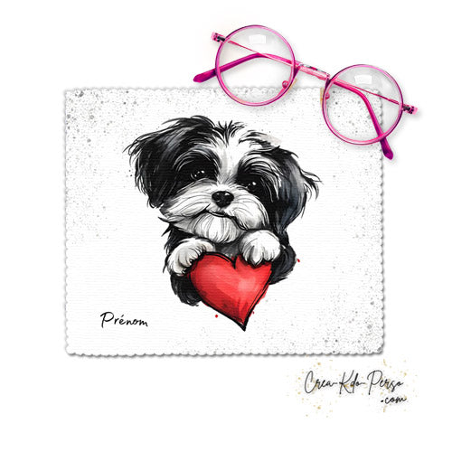 Chiffon essui lunettes motif chien chiot dessin avec cœur rouge