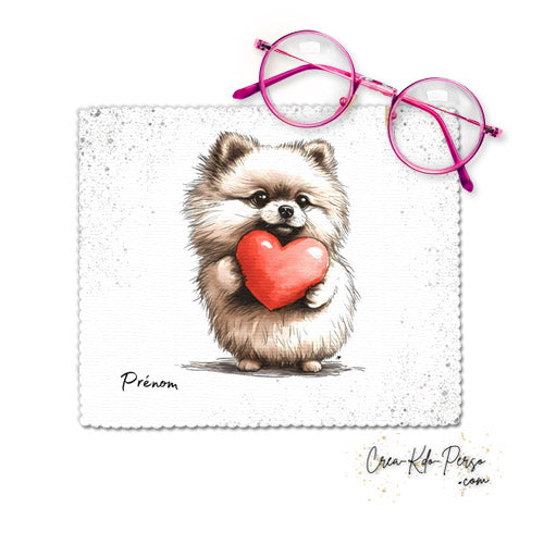 Chiffon essui lunettes motif chien chiot dessin avec cœur rouge