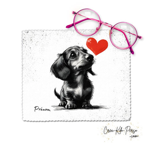 Chiffon essui lunettes motif chien chiot dessin avec cœur rouge