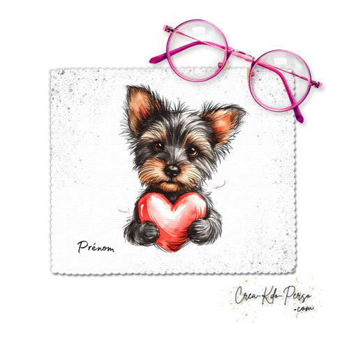 Chiffon essui lunettes motif chien chiot dessin avec cœur rouge